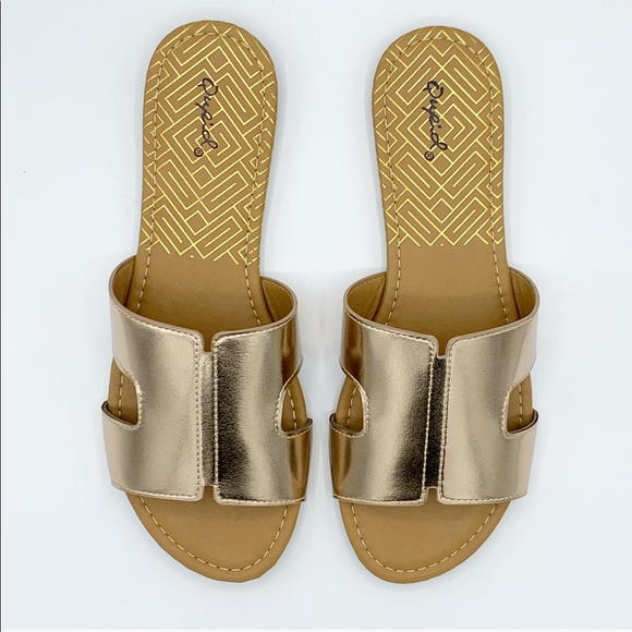 Rose Gold Metallic H Strap Slide Sandals Flat Slip On Summer Shoes - Picture 3 of 8